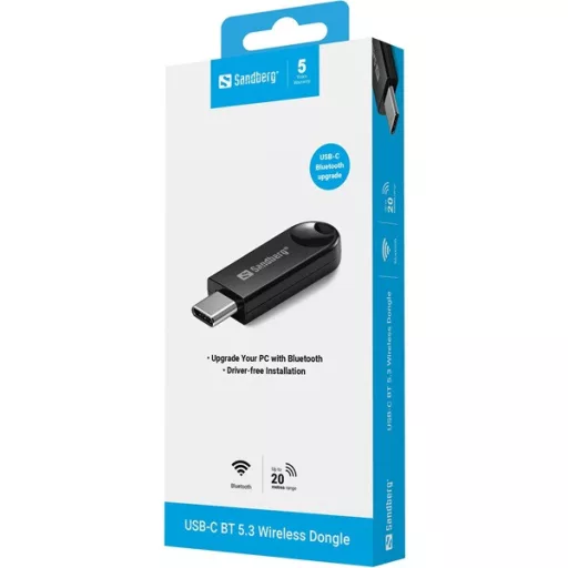 SANDBERG USB-C BT 5.3 Wireless dongle, Upgrade your PC with Bluetooth, Driver-free installation, 20m, 5 év garancia