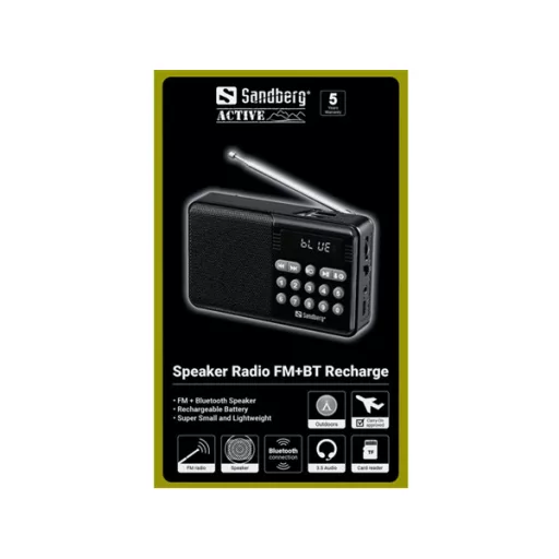 SANDBERG Speaker Radio FM + BT recharge, MP3 playable from USB or TF-Card, Super Small, 5 év garancia