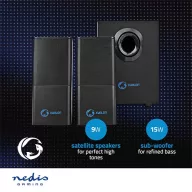  Nedis GSPR10021BK aktív gamer hangszóró 2.1, USB tápellátás, 3,5 mm jack, 30 W, Hangerőszabályozó