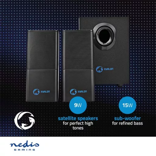 Nedis GSPR10021BK aktív gamer hangszóró 2.1, USB tápellátás, 3,5 mm jack, 30 W, Hangerőszabályozó