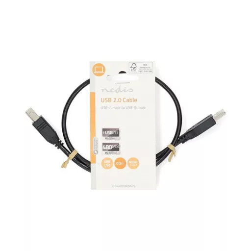 Nedis CCGL60100BK05 USB2.0, USB A - B kábel, 480Mbs, 10W, hossz 0,5m