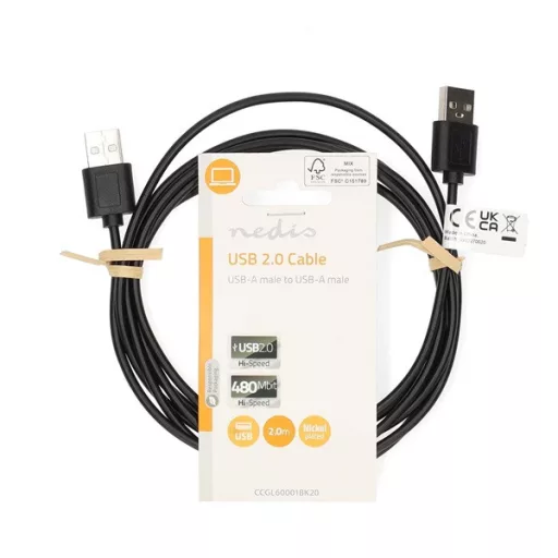 Nedis CCGL60001BK20 USB A apa - USB-A apa kábel, USB2.0, hossz: 2m