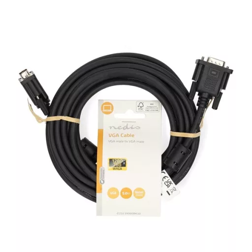 Nedis CCGL59000BK50, VGA kábel, VGA dugó - dugó, Maximális felbontás: 1280x768, hossz: 5m