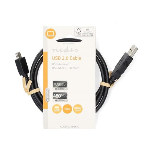 Nedis CCGL60300BK10 USB mini-B 5p (mini USB)kábel, USB 2.0  USB-A dugó  USB mini 5p dugó, 480 Mbps. 1m