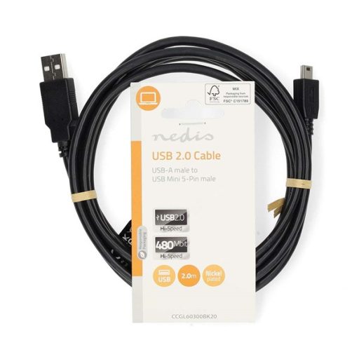 Nedis CCGL60300BK20 USB mini-B 5p (mini USB)kábel, USB 2.0  USB-A dugó  USB mini 5p dugó, 480 Mbps. 2m