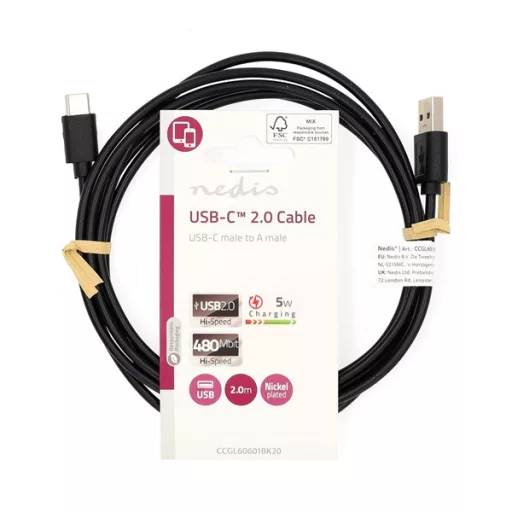 Nedis CCGL60601BK20 USB A - USB C (USB-C) kábel, 5W, hossz 2m
