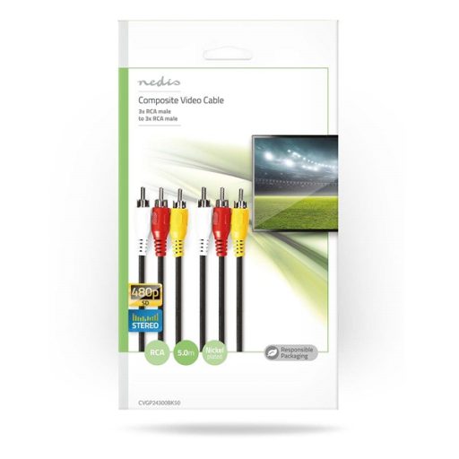 Nedis CVGP24300BK50 kompozit video kábel 3x RCA dugó - 3 RCA dugó, 5m