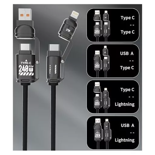 BLACKBIRD Adatkábel Extreme 4in1 USB-A/USB-C/Lightning 50-200cm, fekete