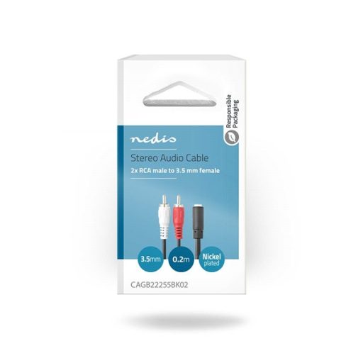 Nedis CAGB22255BK02 sztereo audio kábel, 2x RCA dugó - 3,5 mm jack aljzat,  0,20m