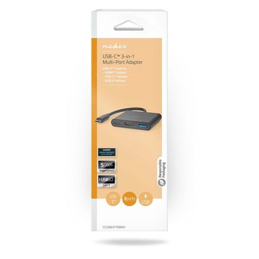 Nedis CCGB64770BK01 USB-C multiport adapter, USB C dugó - HDMI/ USB-A / USB-C aljzat, 5 Gbps