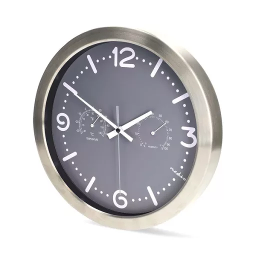 Nedis CLWA5226SS falióra, 30 cm átmérő,  rozsdamentes acél, csendes szerkezet: óra, hőmérő, páratartamom mérő