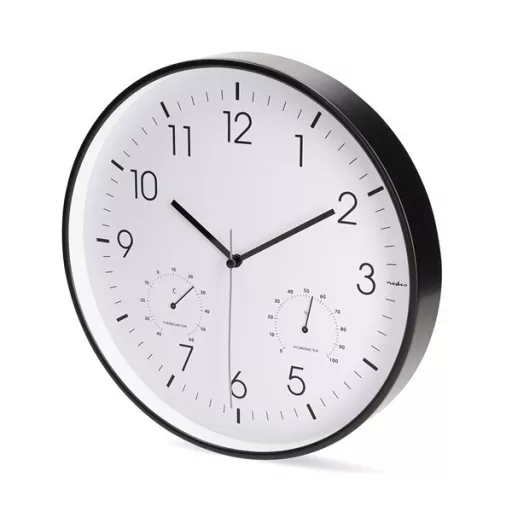 Nedis CLWA4226BK falióra, 30 cm átmérő,  műanyag, csendes szerkezet: óra, hőmérő, páratartamom mérő