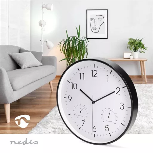Nedis CLWA4226BK falióra, 30 cm átmérő,  műanyag, csendes szerkezet: óra, hőmérő, páratartamom mérő
