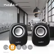   Nedis CSPR10020BK PC hangszóró 2.0, 12 W, 3,5mm sztereo jack, USB-ről táplált, hangerőszabályzó