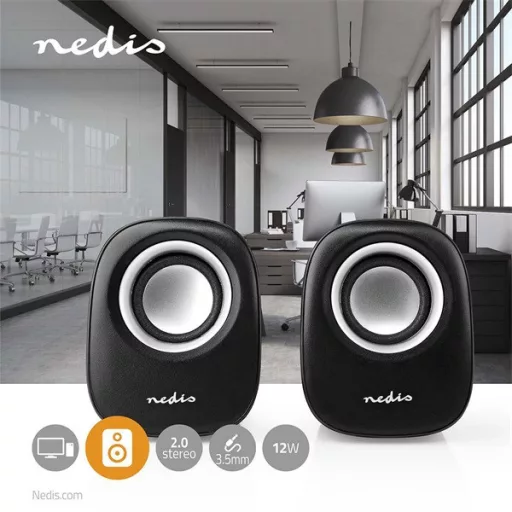 Nedis CSPR10020BK PC hangszóró 2.0, 12 W, 3,5mm sztereo jack, USB-ről táplált, hangerőszabályzó