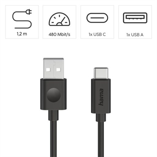 HAMA 86447, ADATKÁBEL USB 2.0 USB-A/TYPE-C  (60W) 1,2M, FEKETE
