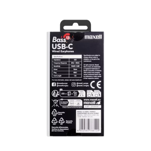 MAXELL Fülhallgató, EB10 BASS13, In-ear, fekete, USB-C