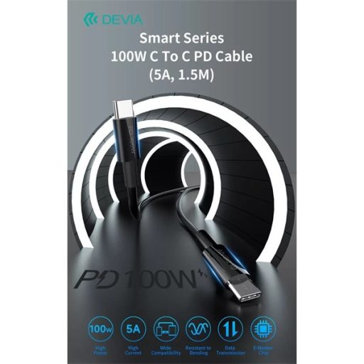 DEVIA USB-C - USB C (Type-C) ADAT ÉS TÖLTŐKÁBEL - SMART SERIES 100W PD, Fekete, 1,5m