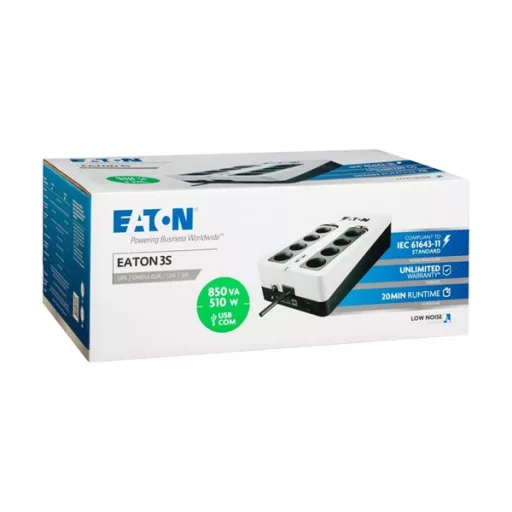 EATON UPS 3S Gen2 UPS DIN, 850VA, 510W, Input: Schuko, Outputs: 8x Schuko, szünetmentes tápegység, USB