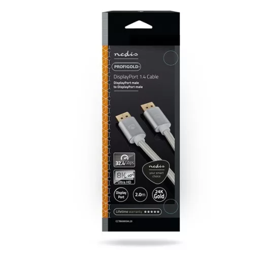 Nedis CCTB37014AL20 DisplayPort 1.4 kábel, displayport dugó - display port dugó, aranyozott csatlakozók, 8K@60Hz, 2m