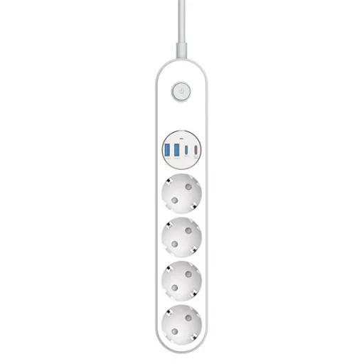 COLORWAY Hálózati elosztó, CW-CHE44PDW, 4 dugalj, 4xUSB (Type-C 2PD20W + 2USB QC3.0) (20 W), 2 m, fehér