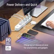   COLORWAY Hálózati elosztó, CW-CHE44PDW, 4 dugalj, 4xUSB (Type-C 2PD20W + 2USB QC3.0) (20 W), 2 m, fehér