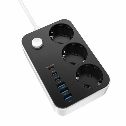 COLORWAY Hálózati elosztó, CW-CHE36PDB, 3 dugalj, 6xUSB (3USB-A + 3TYPE-C) (20W), fekete