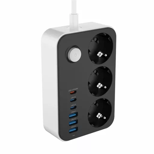 COLORWAY Hálózati elosztó, CW-CHE36PDB, 3 dugalj, 6xUSB (3USB-A + 3TYPE-C) (20W), fekete