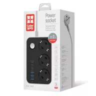   COLORWAY Hálózati elosztó, CW-CHE36PDB, 3 dugalj, 6xUSB (3USB-A + 3TYPE-C) (20W), fekete
