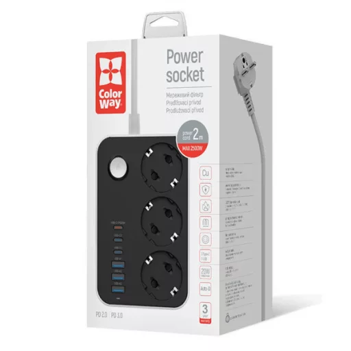 COLORWAY Hálózati elosztó, CW-CHE36PDB, 3 dugalj, 6xUSB (3USB-A + 3TYPE-C) (20W), fekete