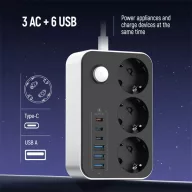   COLORWAY Hálózati elosztó, CW-CHE36PDB, 3 dugalj, 6xUSB (3USB-A + 3TYPE-C) (20W), fekete