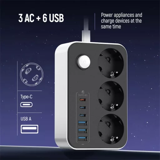 COLORWAY Hálózati elosztó, CW-CHE36PDB, 3 dugalj, 6xUSB (3USB-A + 3TYPE-C) (20W), fekete