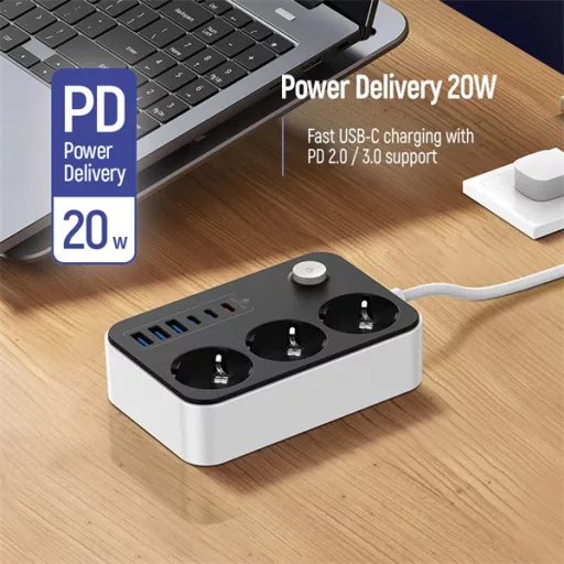 COLORWAY Hálózati elosztó, CW-CHE36PDB, 3 dugalj, 6xUSB (3USB-A + 3TYPE-C) (20W), fekete