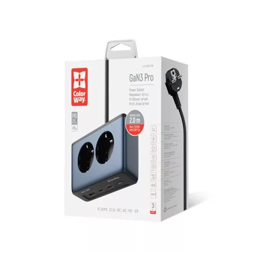 COLORWAY Hálózati és USB elosztó, 2 dugalj, 2x220V/1xUSB-A/2xUSB-C (GaN45W)