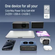   COLORWAY Hálózati és USB elosztó, 2 dugalj, 2x220V/1xUSB-A/2xUSB-C (GaN45W)