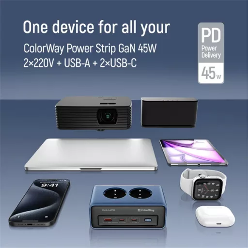 COLORWAY Hálózati és USB elosztó, 2 dugalj, 2x220V/1xUSB-A/2xUSB-C (GaN45W)