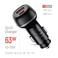   COLORWAY Autós töltő, CW-CHA067PD-BK, 2xUSB (Type-C PD45W + USB QC3.0 18W) (63W), fekete