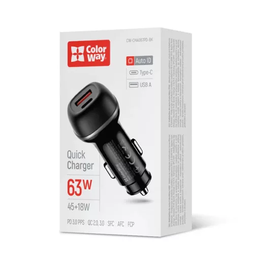 COLORWAY Autós töltő, CW-CHA067PD-BK, 2xUSB (Type-C PD45W + USB QC3.0 18W) (63W), fekete