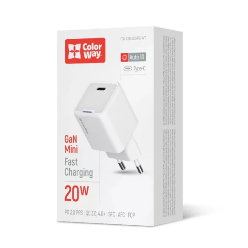 COLORWAY AC töltő adapter, CW-CHS059PD-WT, GaN Mini 20W PD Port PPS USB-C