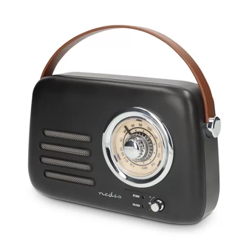 Nedis RDFM2600BK retró FM rádió, Bluetooth® 5.4, AUX bemenet, USB port, 1500 mAh-s lítium-ion akkumulátor
