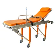 Stretcher with wheels and an automatic folding mechanism