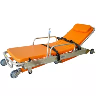 Stretcher with wheels and an automatic folding mechanism