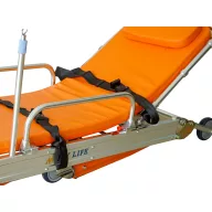Stretcher with wheels and an automatic folding mechanism