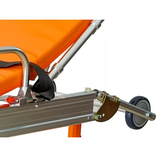 Stretcher with wheels and an automatic folding mechanism
