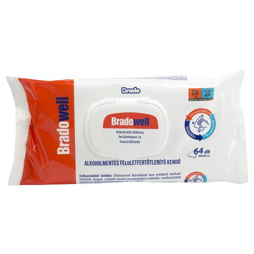 Bradowell alkoholmentes felületfertőtlenítő kendő - 64 db