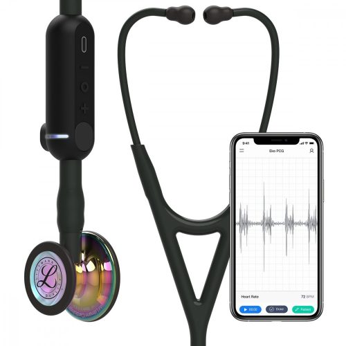 3M™ Littmann® CORE Digital-Stethoskop, 8572, hochglänzendes, regenbogenfarbenes Bruststück, Schlauch, Schlauchanschluss und Ohrbügel in Schwarz, 69cm