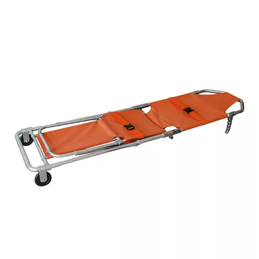 2-in-1 Foldable Stretcher Chair, Orange, with Two Wheels